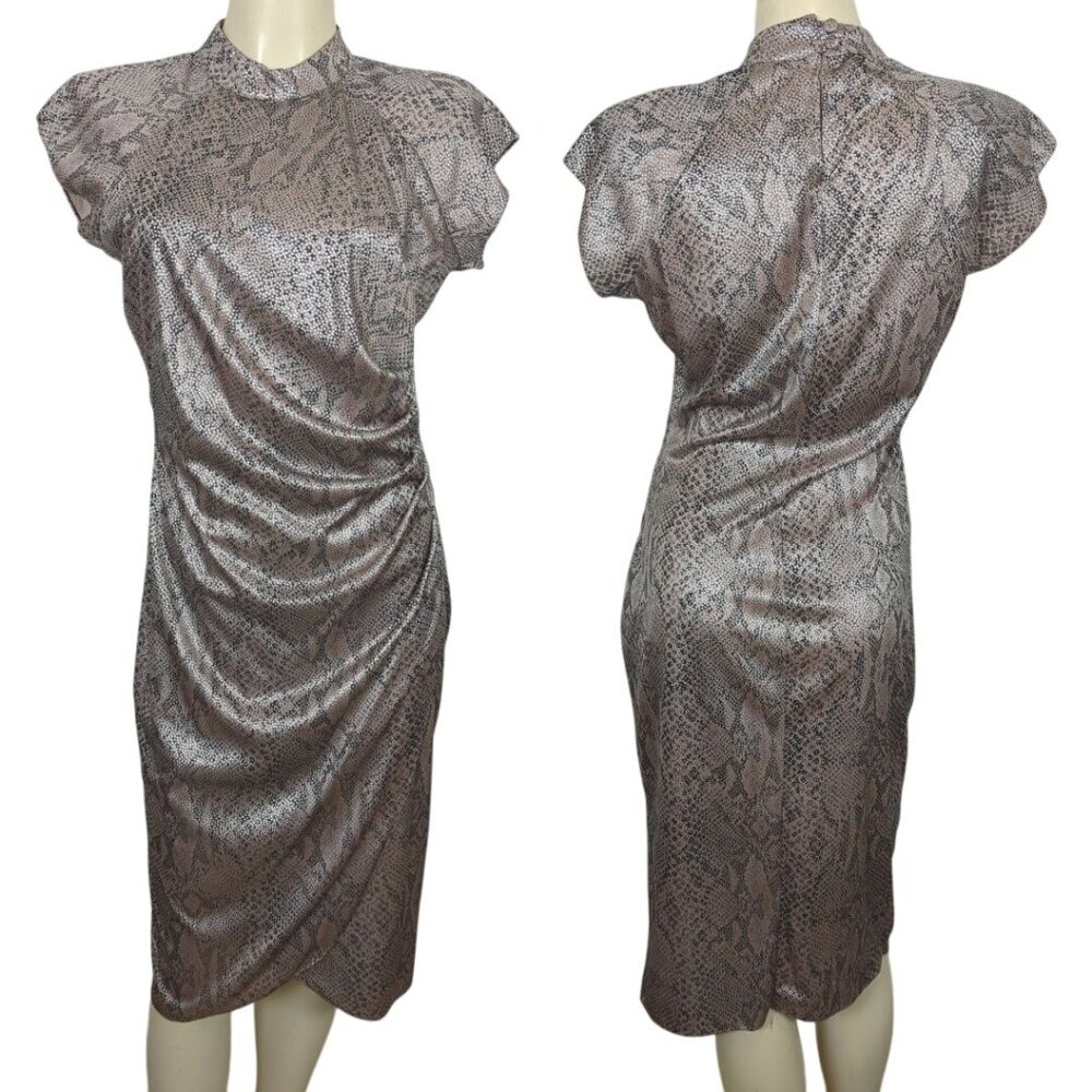Vintage Steppin Out Metallic Snake Print Ruched Midi Dress Flutter Cap Sleeves M